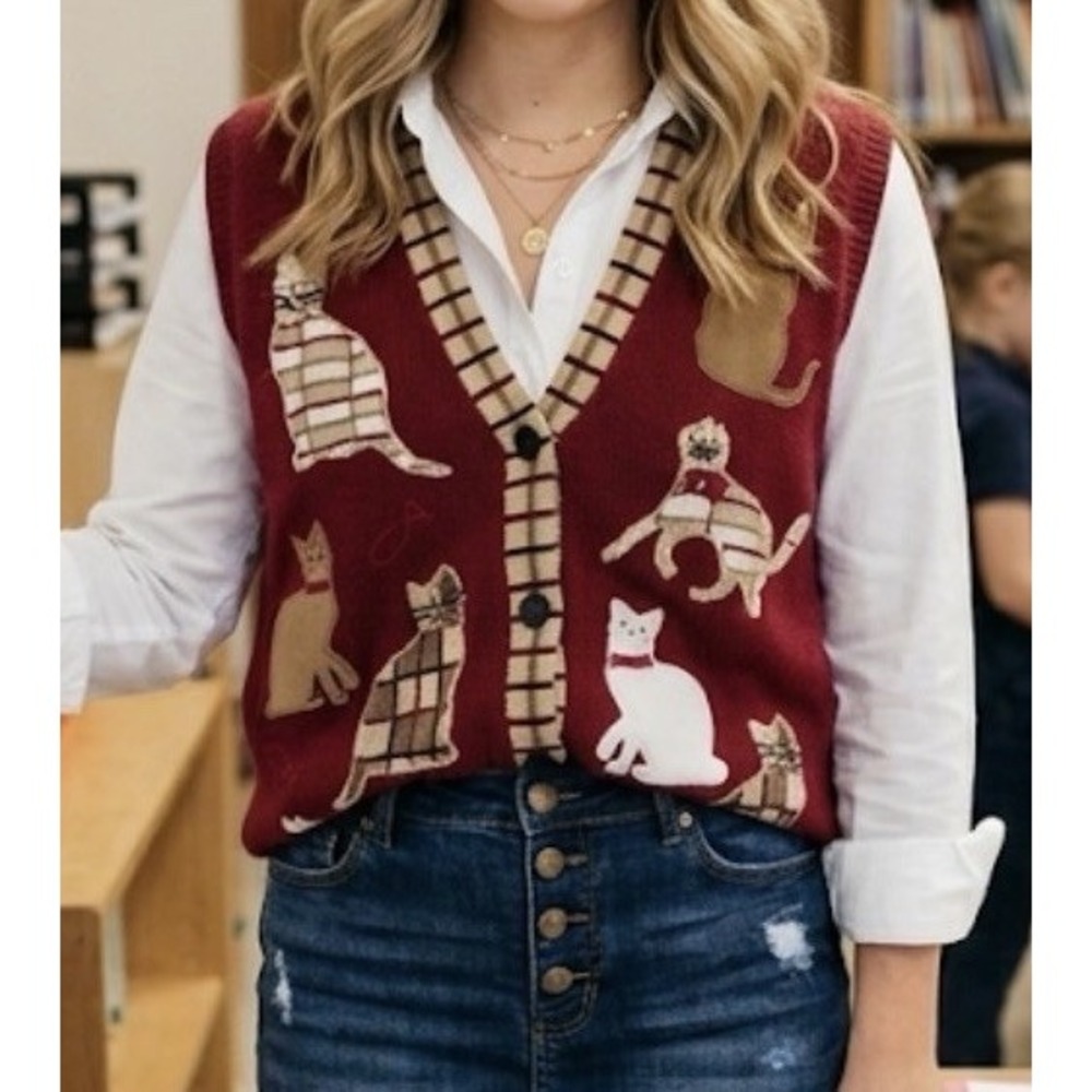 Cat Kitten Burgundy Tan Appliqué Sweater Vest Size XL Button Grannycore Teacher